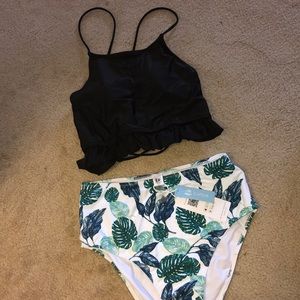 Cupshe Black Halter Swim Top and Palm Print Bottom